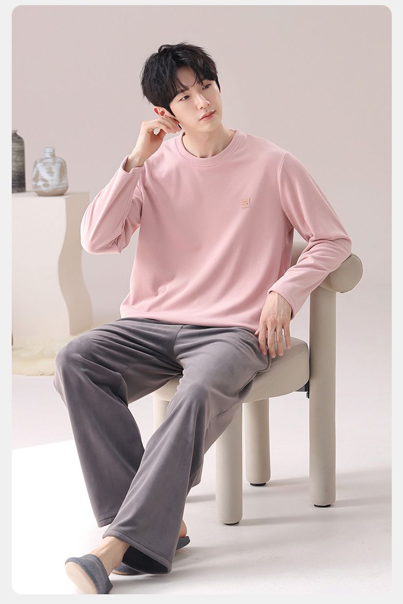 Pigiama da uomo in pile corallo autunno e inverno New Island Fleece Set in pile sottile invernale rosa Abbigliamento da casa per ragazzi Inverno_voghion.com