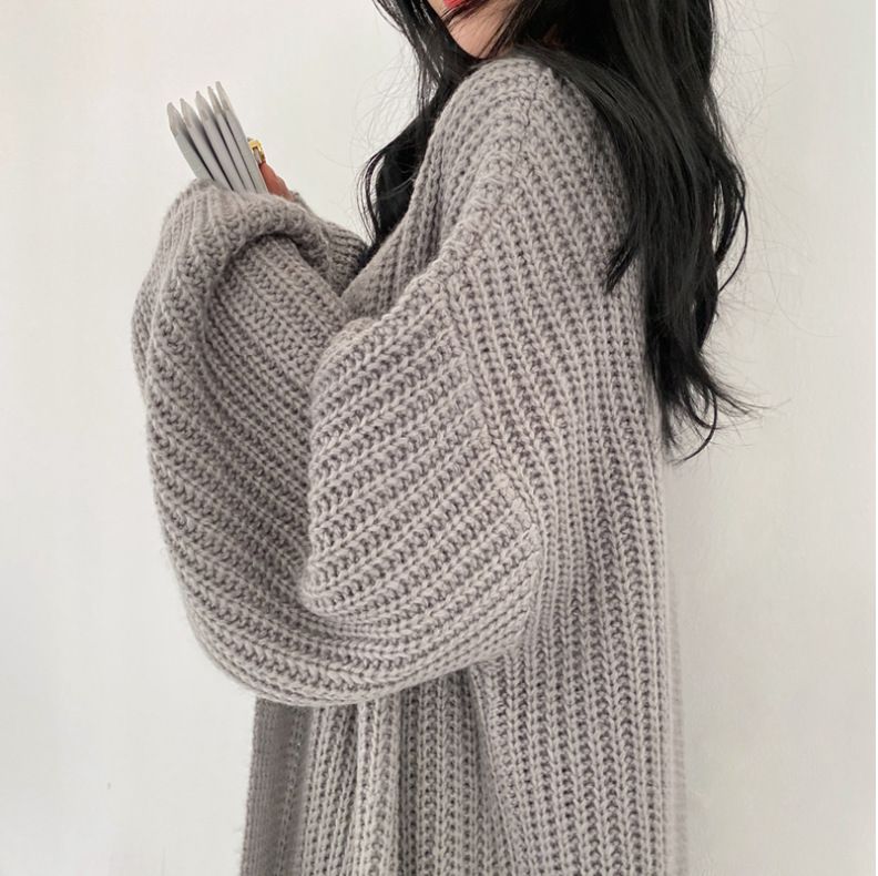 Korean Chic Lazy Lantern Sleeve Long Pit Strip Sweater Jacket Women's 2025 Autumn/Winter Warm Knitted Over Knee Cardigan_voghion.com