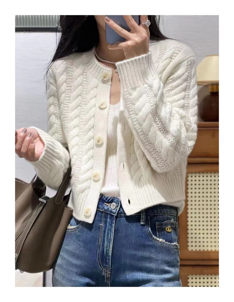 2025 New Autumn And Winter 100% Pure Wool Cardigan Women's Round Neck Twist Solid Color Sweater Short Cashmere Knitted_voghion.com