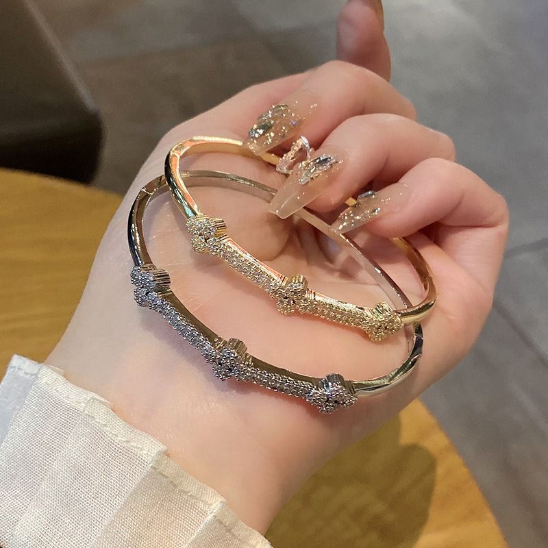 Gold & Rose Gold Plated Clover Cuff Bracelet Set, Cubic Zirconia Pave Statement Bracelets, Luxury Evening & Daily Jewelry_voghion.com