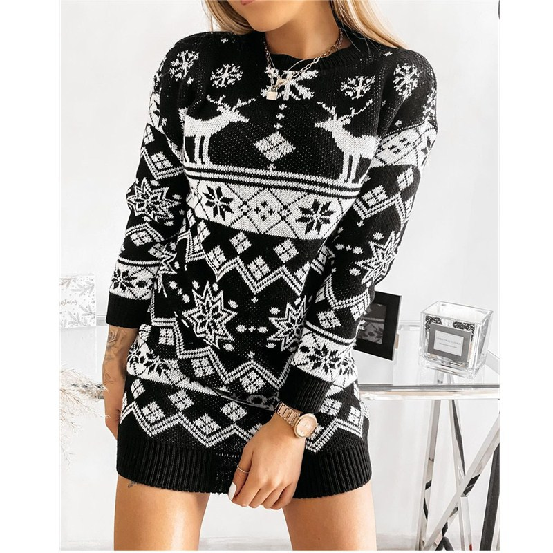 Women's Moose Snowflake Christmas jacquard knit dress_voghion.com