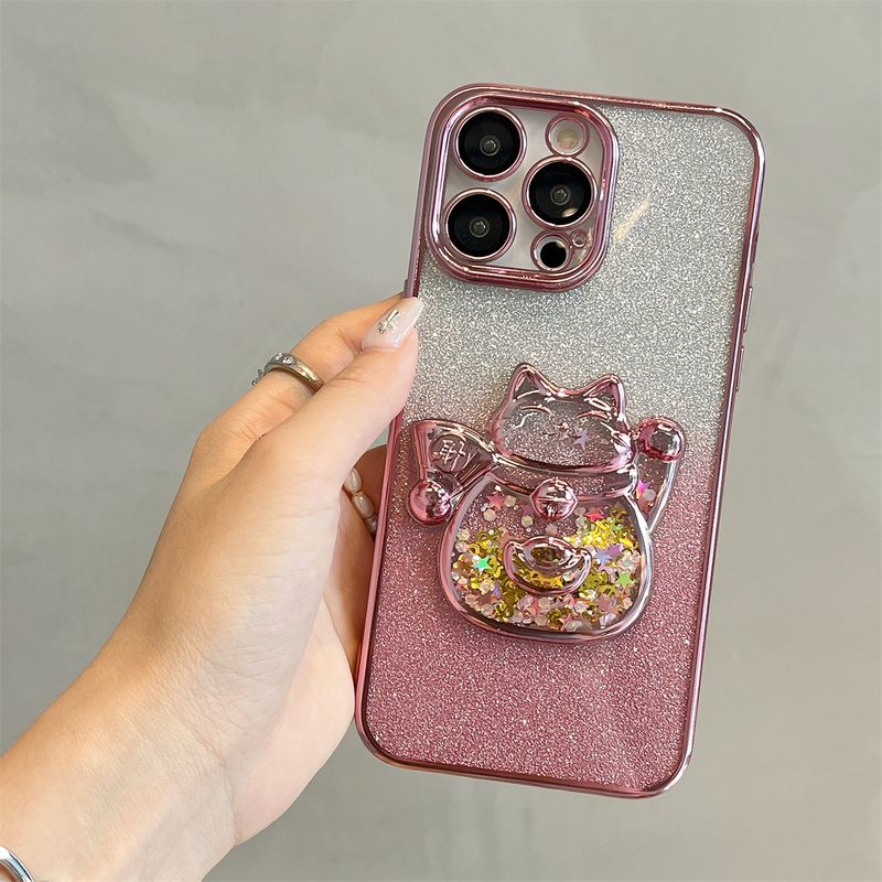 Custodia per telefono Flowing Sand Electroplated Wealth Cat adatta per iPhone 11, 12, 13, 14, 15 Pro Max con pellicola per obiettivo integrata_voghion.com