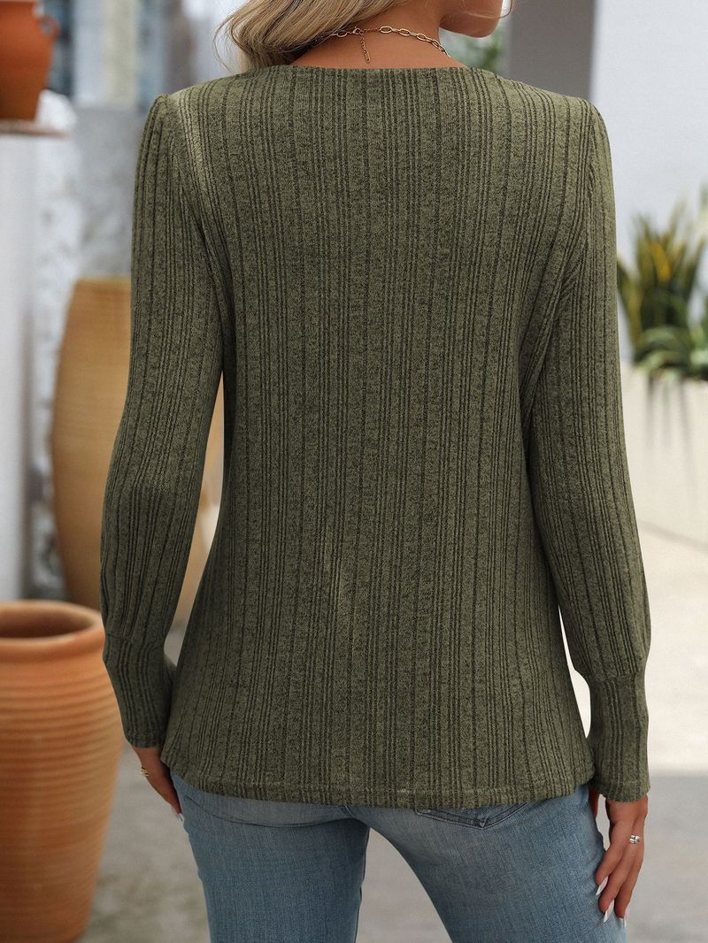2024 New Fashion Women's Square Neck Ribbed Brushed Solid Color Long Sleeve Button T-Shirt_voghion.com