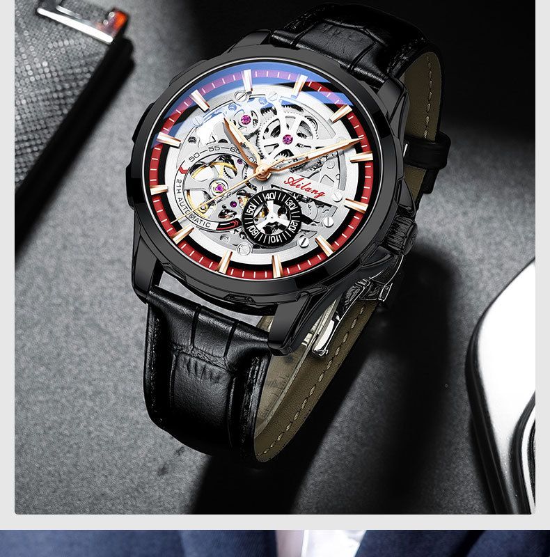AILANG Herrenmode Hohl Mechanische Uhr Hochwertiges Leder Wasserdicht Vollautomatische Tourbillon Uhren Herrenuhr_voghion.com