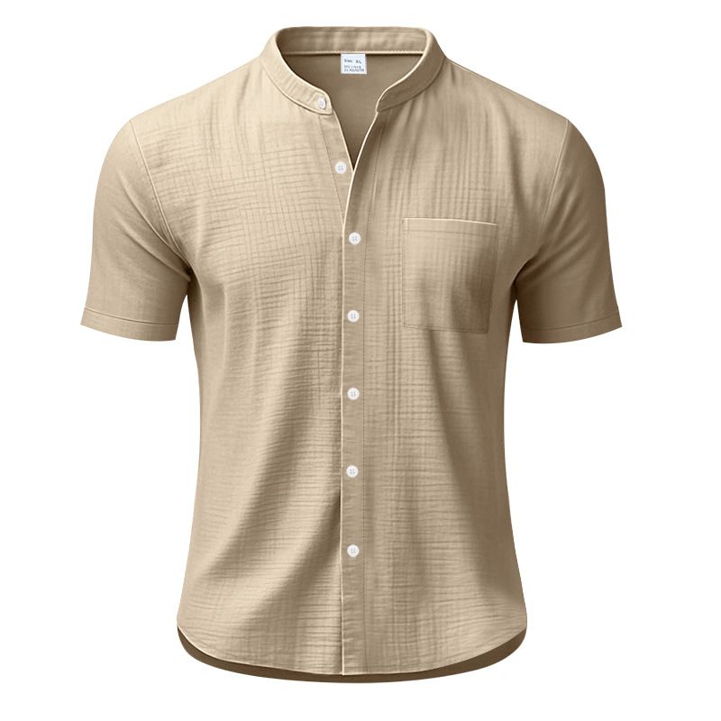 Camisa de lino de manga corta para hombre, nueva, de color liso, con cuello alto y bolsillo, holgada, informal_voghion.com