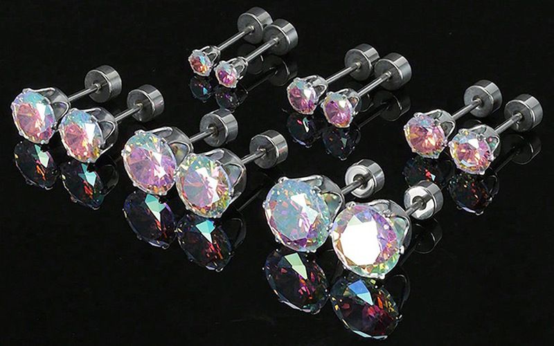 Orecchini in acciaio al titanio e zirconi – Orecchini rotondi alla moda a 6 griffe, gioielli da piercing unisex placcati in oro 18 carati_voghion.com