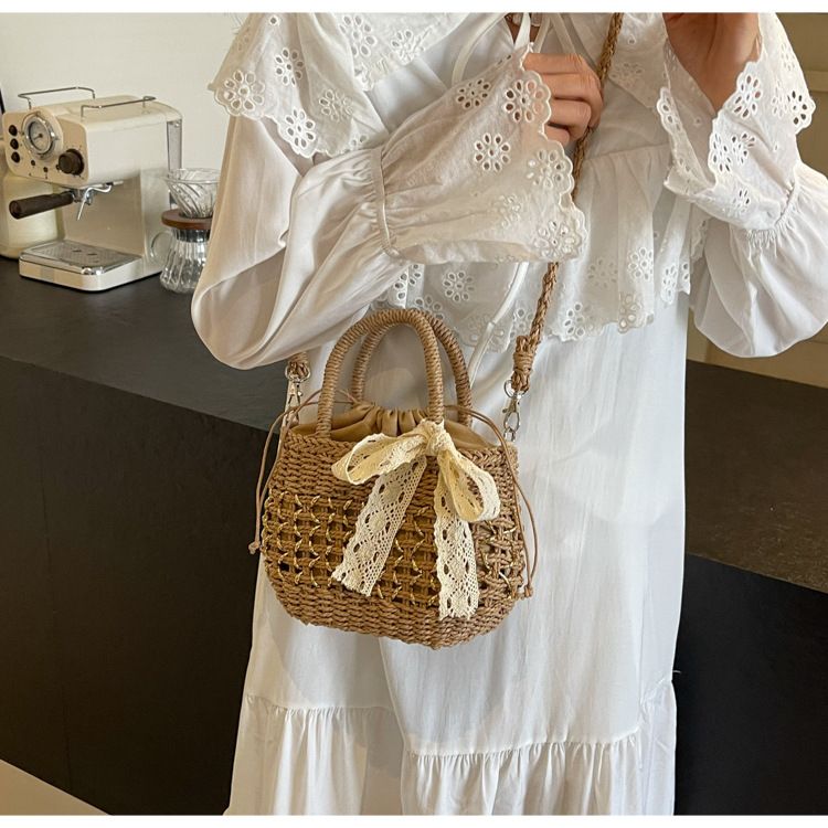 Straw Bag Woven Bag Mori Straw Bag Female Crossbody Beach Holiday Beach Bag Portable Bucket Bag_voghion.com