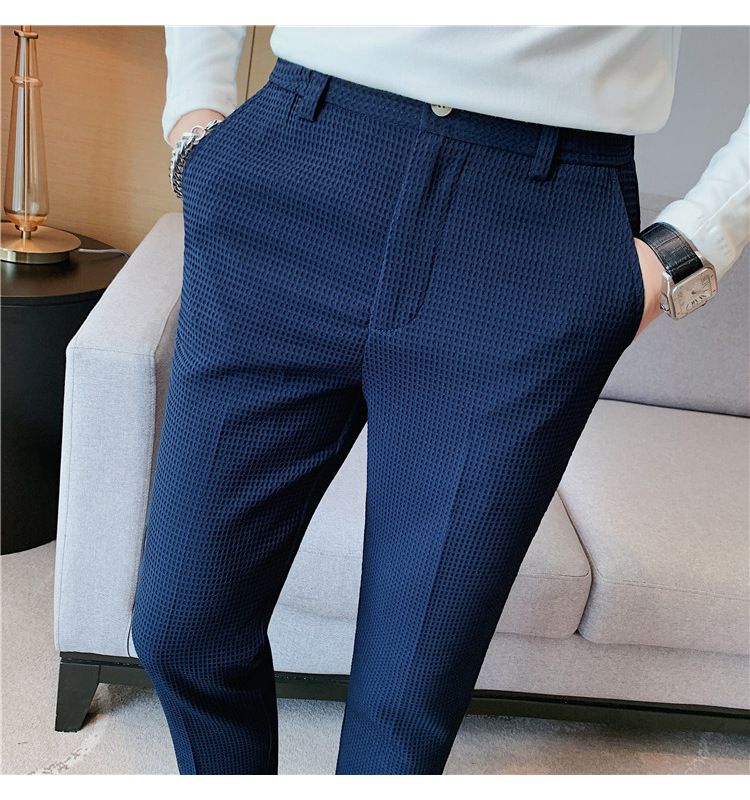 Men's Clothing Style Light Mature Men's Casual Waffle Trousers Waist Elastic Trousers Youth Skinny Trousers_voghion.com