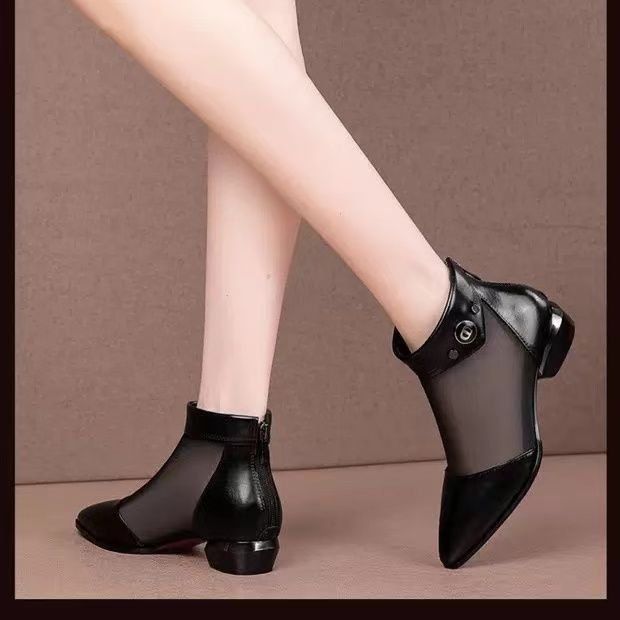 Coole Stiefel Damen Mesh Damen Sandalen Hohle Sandalen Dicker Absatz Spitz Niedriger Absatz Netzstiefel_voghion.com