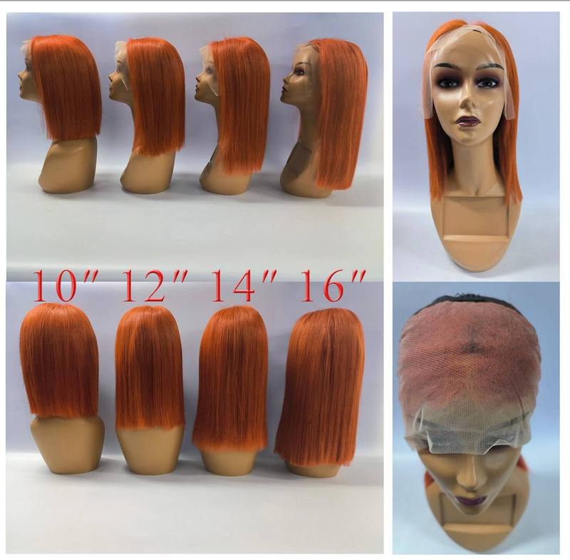 Ingwer-Kurzhaar-Bob-Spitzenfrontperücken, 100 % Echthaarperücken, Bob-Spitzenperücken für Frauen, blond-orange, glattes brasilianisches Haar, Verschlussperücke_voghion.com