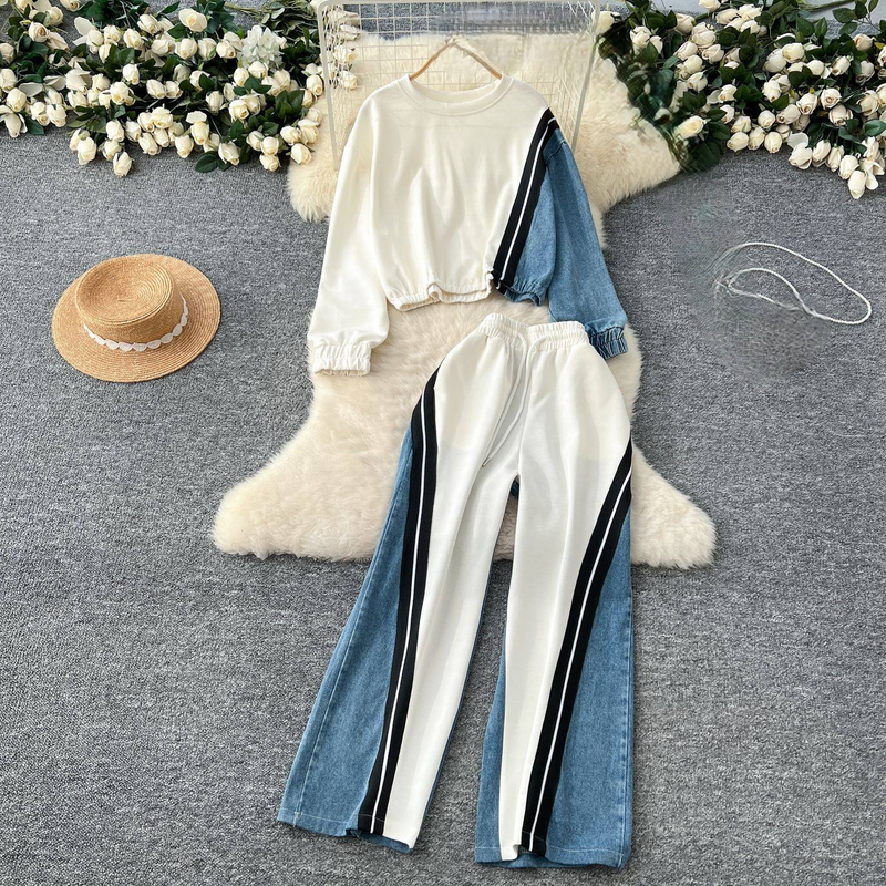 Dameklær Dress for kvinner Retro Casual Fargematchende Langermet Genser Denim Søm Vide Benbukser Todelt Dress_voghion.com