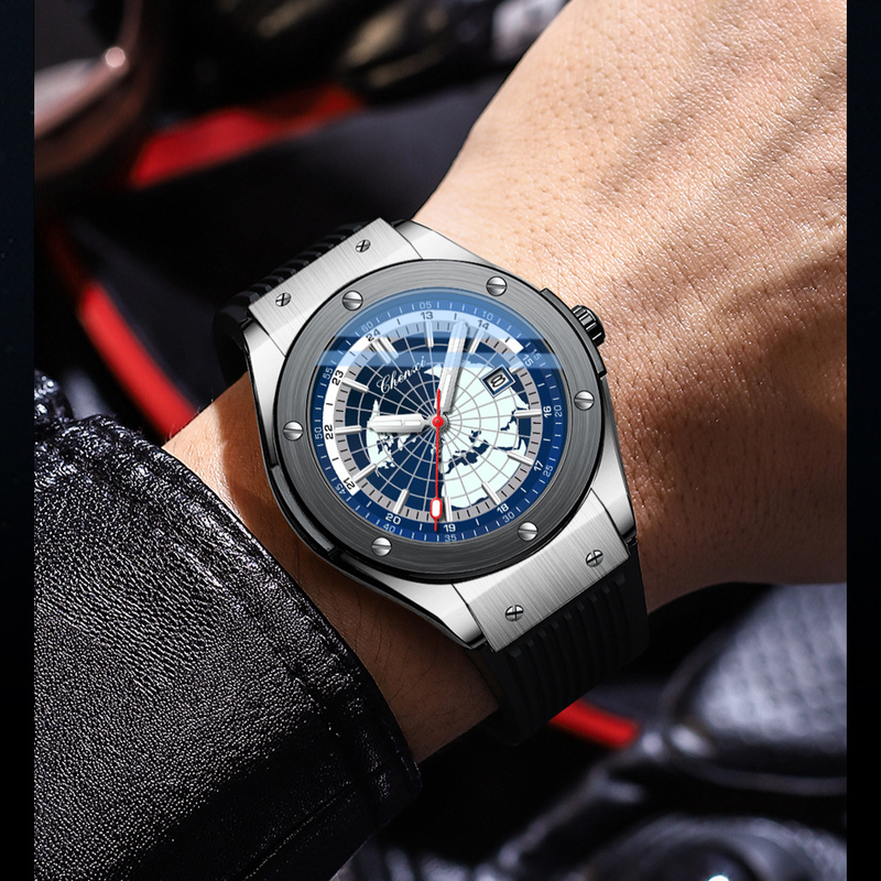 Orologio da uomo alla moda con mappa rivettata, calendario, gel di silice fosforescente con orologio al quarzo di tendenza_voghion.com