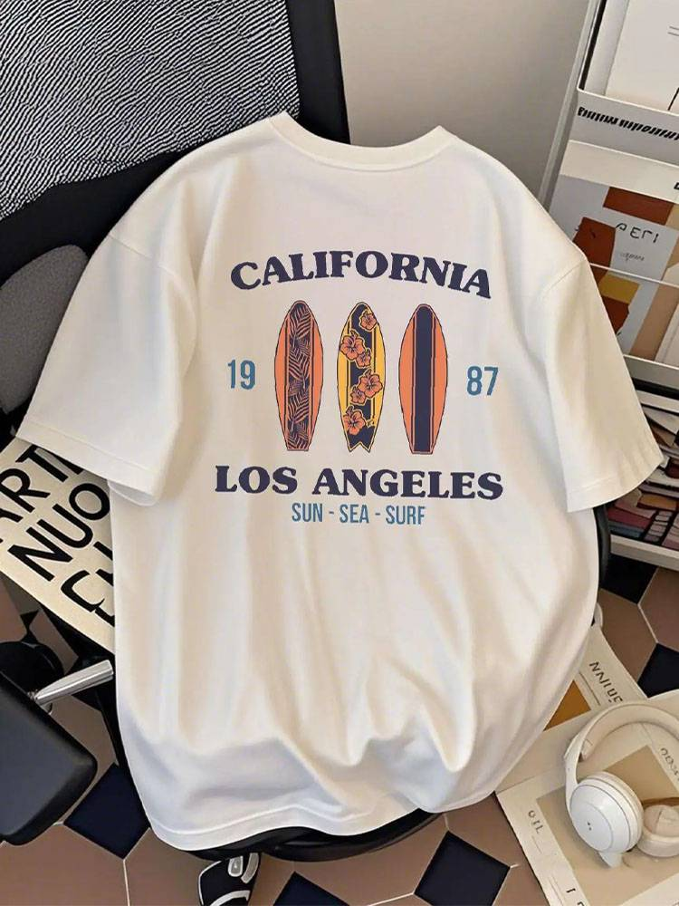 Camiseta gráfica de surf PRIVATHINKER California Los Ángeles - 240 g 100 % algodón, diseño retro veraniego de playa de Malibú, ropa de playa para hombre y mujer_voghion.com