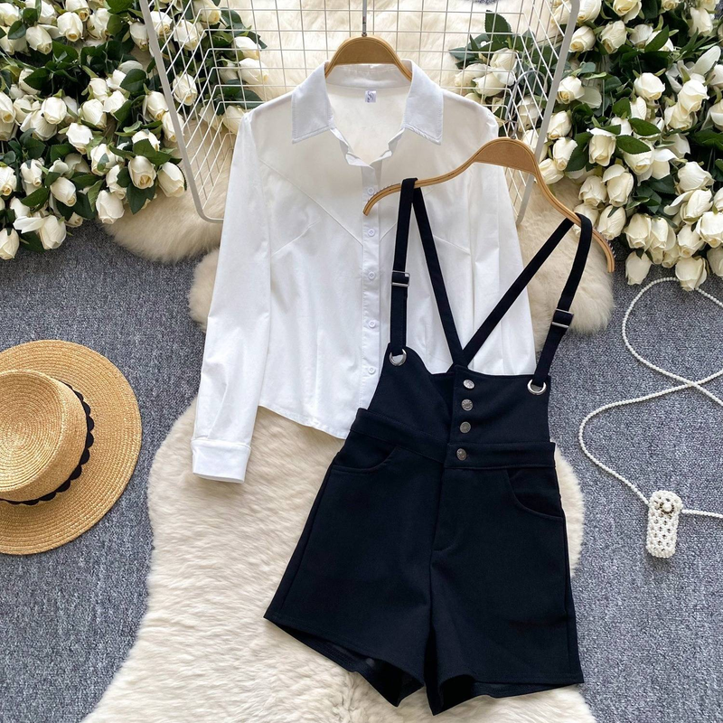 Damenbekleidung Einfarbiges Polokragenhemd Weites Bein Schlankheits-Overalls Hose Schönes Temperament Kleiner Schicker Anzug_voghion.com