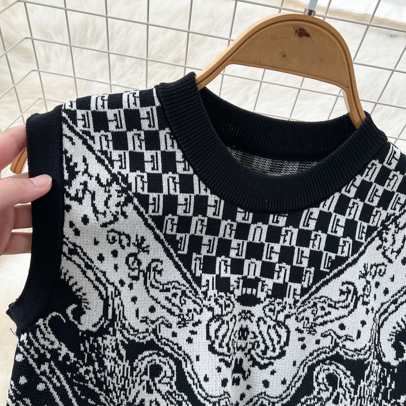 Ensemble imprimé tendance pour femme, haut en tricot sans manches, col rond, taille haute, jupe à la hanche_voghion.com