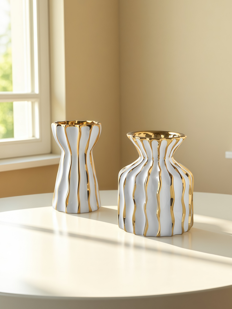 1 Stück leichte, luxuriöse Keramikvase im Goldstreifen-Design, klein, frischer Stil, kann mit Wasser gefüllt werden, Vase für mehrere Szenen, Ornamentvase_voghion.com