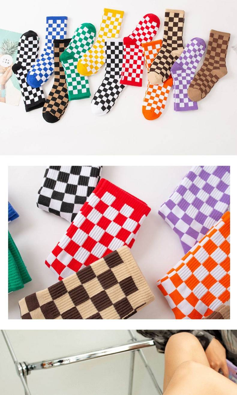 6 Pairs--Checkerboard Men's And Women's Fashion Street Brand Mid Tube Academy Style Cotton Skateboarding Socks_voghion.com