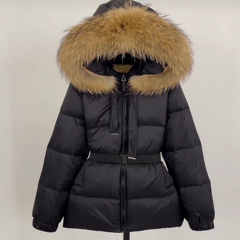 Piumino da donna con cappuccio in pelliccia di procione di alta qualità - Parka invernale lungo con bordo in pelliccia staccabile e laccio in vita, imbottitura in piumino d'anatra bianca al 90%_voghion.com