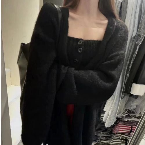 Ensemble deux pièces chic de style coréen : bralette en tricot épais à un bouton + cardigan oversize en laine d'alpaga (plusieurs couleurs)_voghion.com