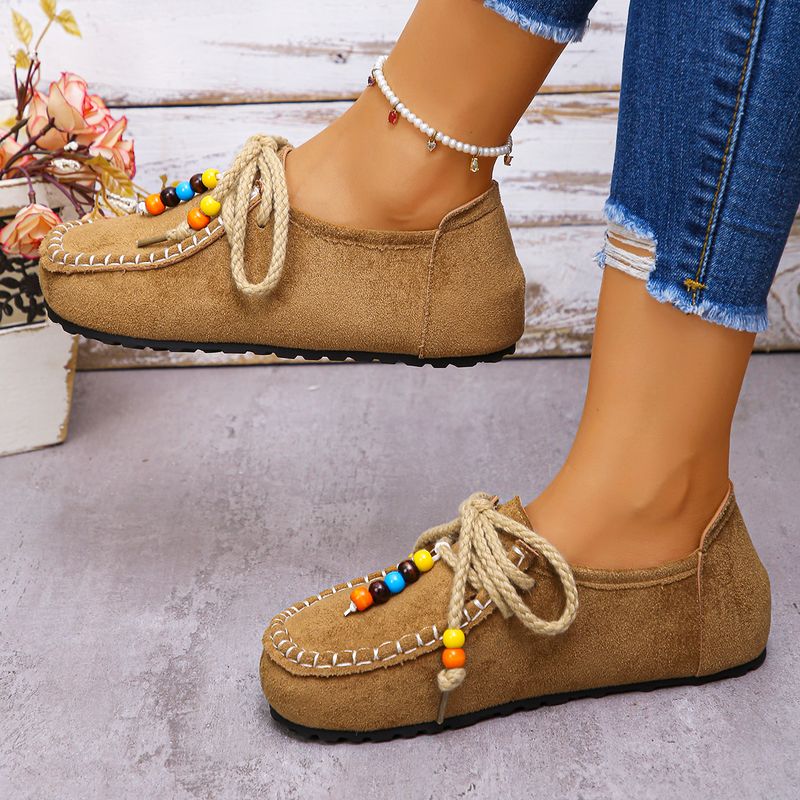 Handcrafted Bohemian-style Women's Flat Casual Shoes, Lace-up Women's Shoes, Soft And Comfortable Women's Shoes_voghion.com