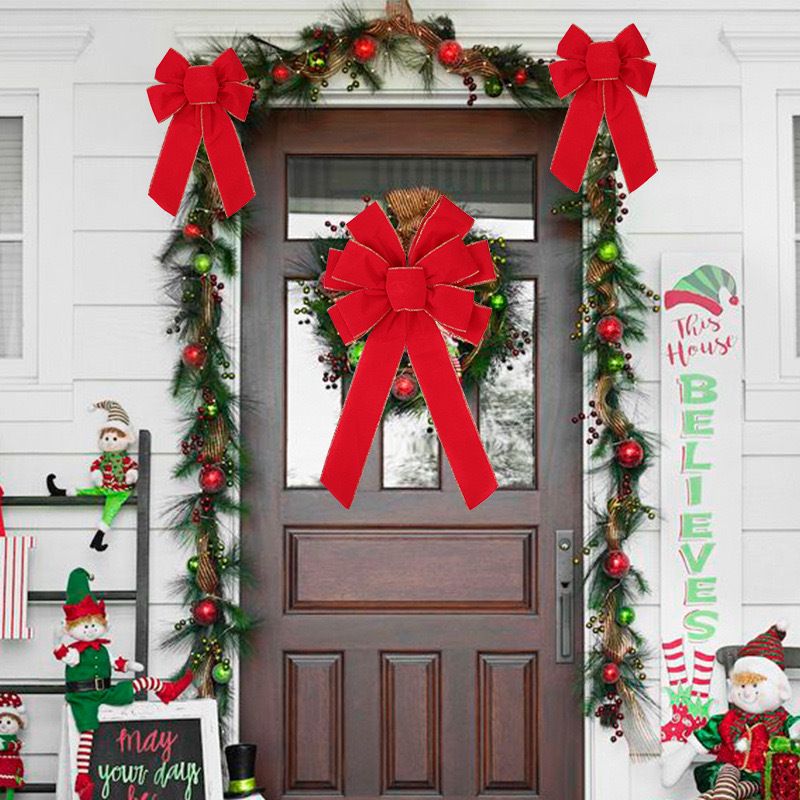 10-Loop Red Velvet Christmas Bow Decoration - Elegant Flocked Edge Holiday Ribbon For Tree, Wreaths & Gifts (27x50cm)_voghion.com