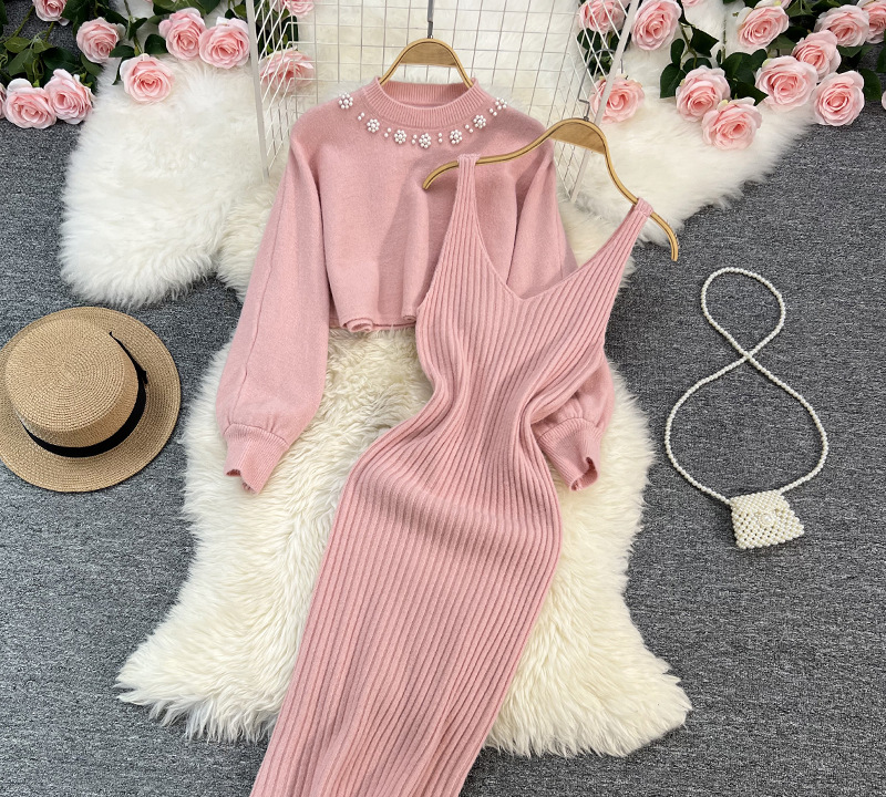 Women's Socialite style round neck beaded high-waisted short navel-baring sweater two-piece hot girl knitted vest dress for women_voghion.com