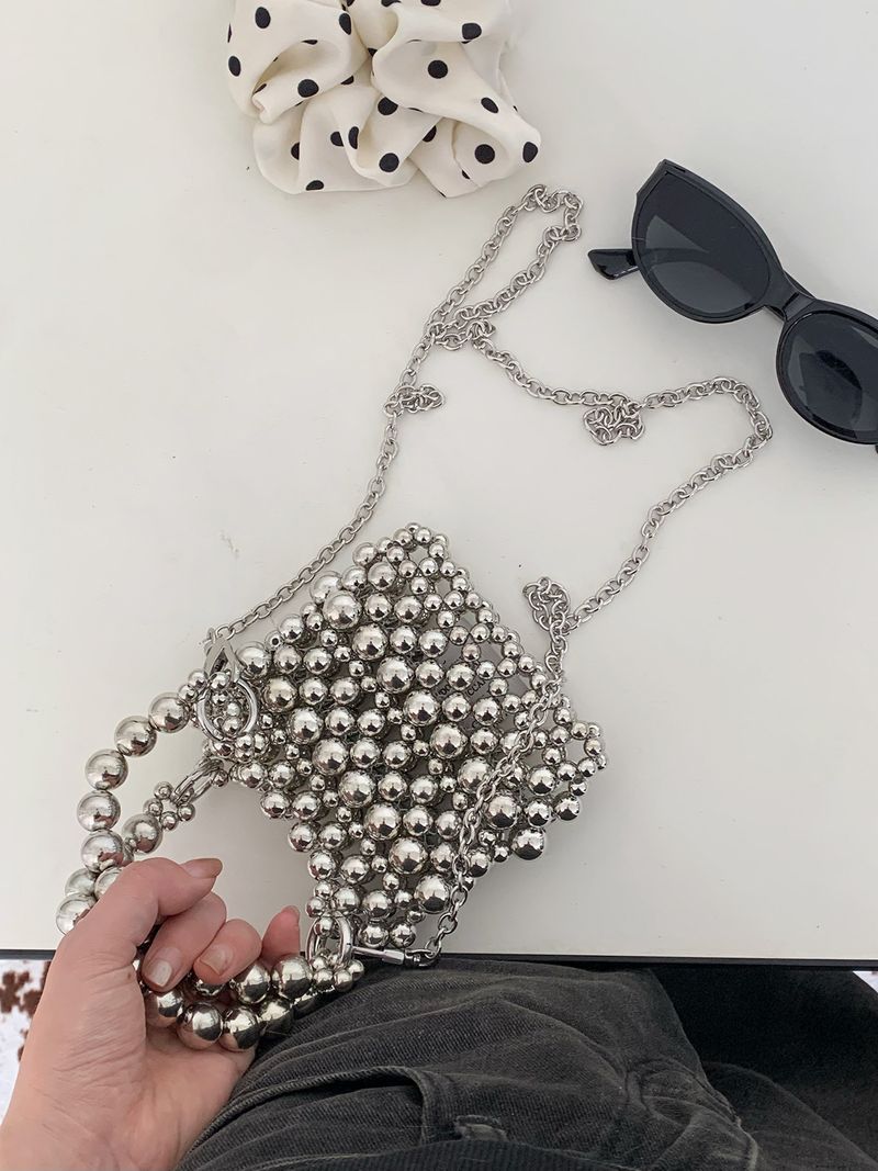 Mini sac fourre-tout tissé à la main en argent avec perles, nouveau sac à bandoulière printemps-été 2025, tendance, décontracté, élégant et exquis_voghion.com