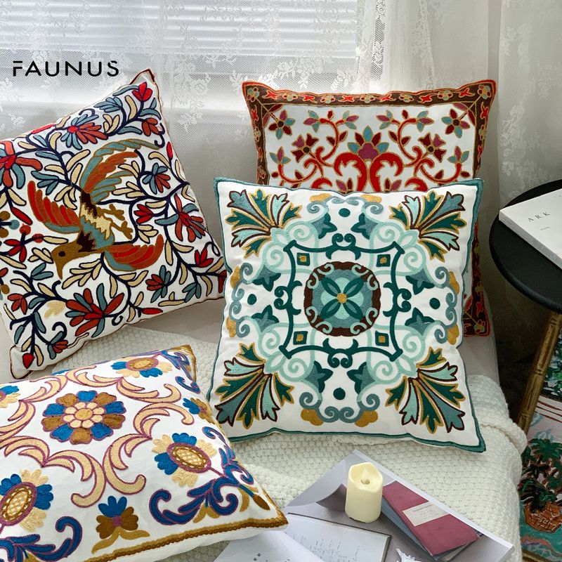 Floral Embossed Pillow Cover - 3D Ethnic Embroidery Cushion Case For Sofa (Boho Farmhouse Style Handmade Towel Washable Cotton Linen)_voghion.com