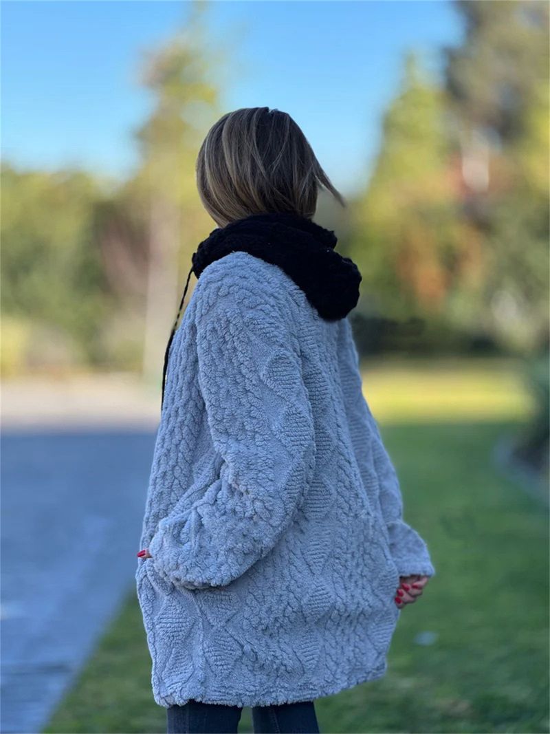 Damen-Fleecejacke mit Kapuze – Übergroßer Mantel mit Reißverschluss und langen Ärmeln in Weinrot/Taupe/Grau/Schwarz, Streetwear-Stil mit kuscheligem Plüschfutter_voghion.com