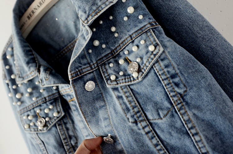 Chaqueta vaquera de manga larga para mujer, chaqueta vaquera holgada con botones y perlas, solapa corta, informal salvaje, entrega rápida, novedad de otoño de 2023_voghion.com