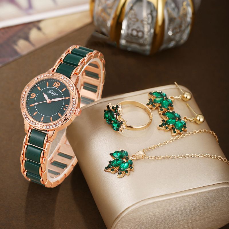 Orologio al quarzo da donna con diamanti rotondi in pizzo casual e set di gioielli a forma di foglia d'acero - Elegante design floreale con cinturino in acciaio inossidabile_voghion.com