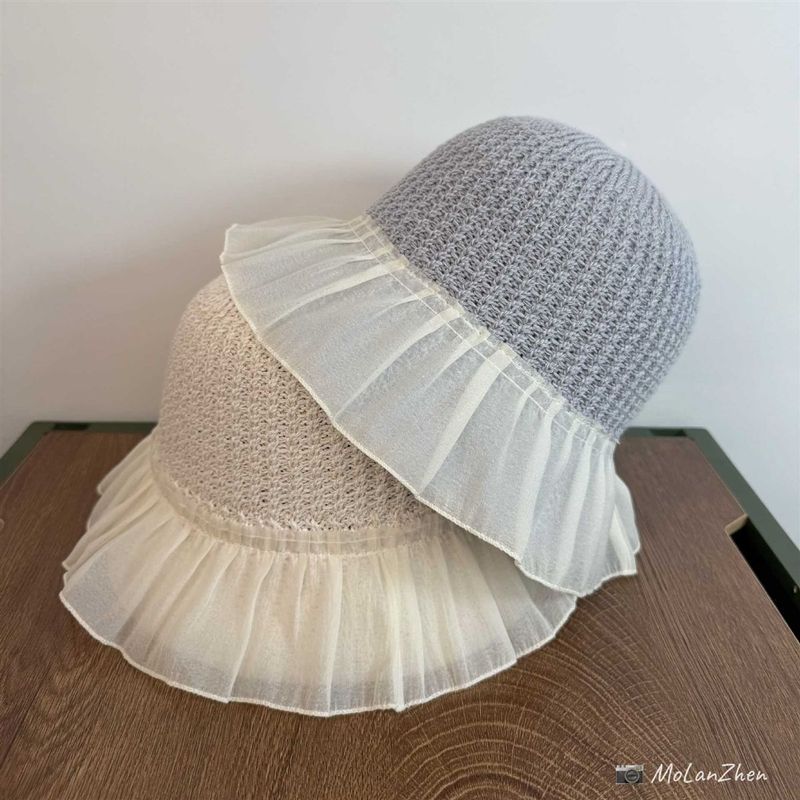 Cappello da pescatore lavorato a maglia con gonna in pizzo e giunture, cappello da sole estivo lavorato a maglia per bambini_voghion.com