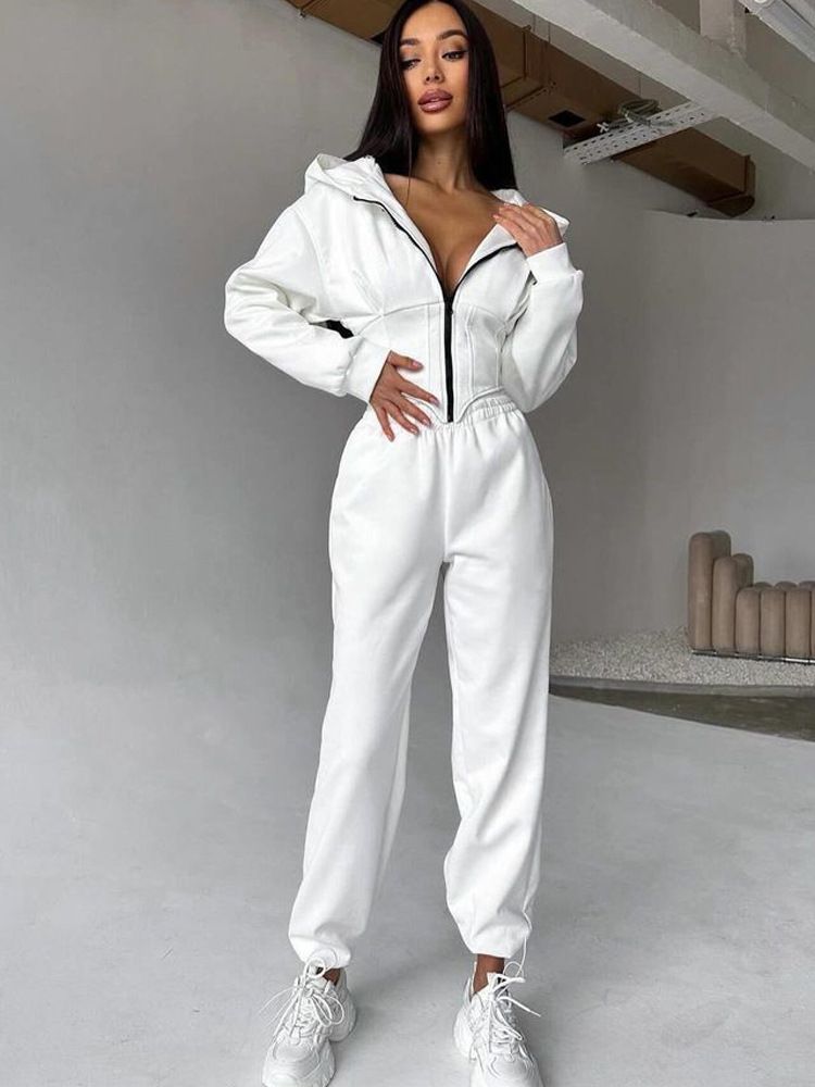 Women's Solid Color Hooded Sweatshirt & Jogger Pants Set - Stylish Streetwear Two-Piece Outfit For Fall/Winter Casual Wear_voghion.com