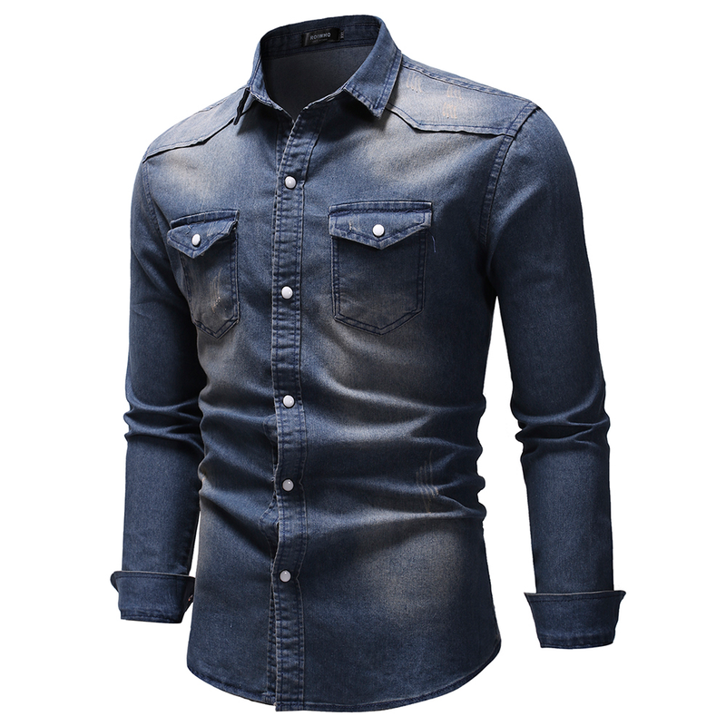 Herrenbekleidung Vintage einfaches Langarm-Jeanshemd Herrenhemd in Übergröße_voghion.com