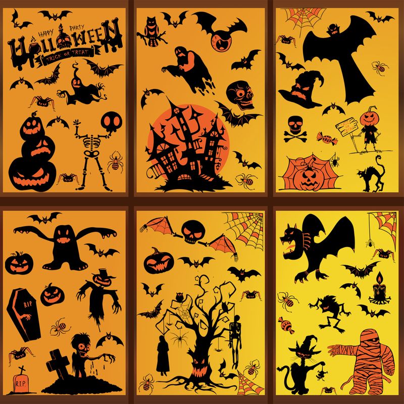 Pegatinas de ventana estáticas eléctricas de Halloween con forma de castillo, árbol, murciélago, araña y calabaza_voghion.com