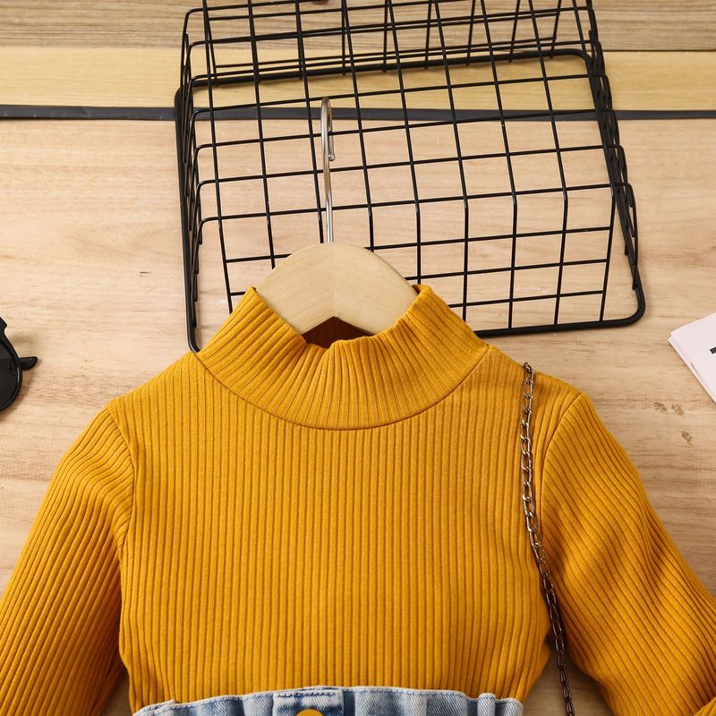 Mãe e filhos Roupas infantis para meninas Cor sólida Manga comprida Gola alta Pulôver Babados Calças jeans Conjunto de duas peças_voghion.com