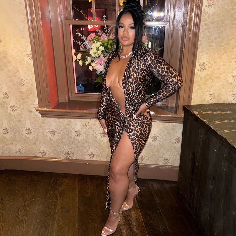 Sexy Leopard Print Maxi Dress With Deep V-Neck & High Slit - Long Sleeve, Ruffle Detail, Bodycon Fit - Sizes S, M, L_voghion.com