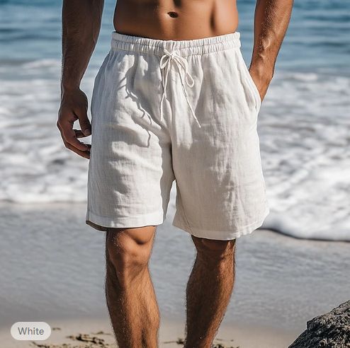 Abbigliamento da uomo Nuovo cotone e pantaloncini di lino Coulisse Elastico in vita Gamba dritta Tinta unita Traspirante Quotidiano Spiaggia Cinque Punti Pantaloncini casual_voghion.com