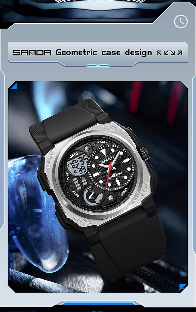 Nuovo orologio sportivo quadrato da uomo, orologio da esterno LED elettronico con cronometro, sveglia, doppio display, orologio al quarzo multifunzione da uomo_voghion.com