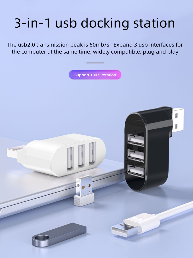 Rotating Multi-Port Docking Station Laptop Expansion Keyboard Mouse USB Drive Hub One-to-Three_voghion.com