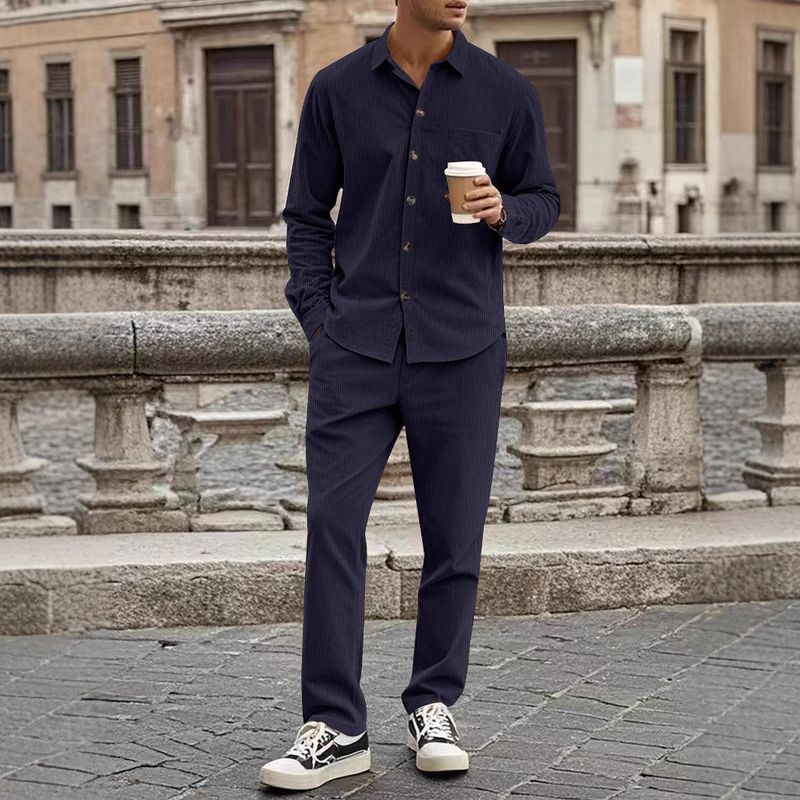 Herren Herbst Casual Button Down Hemd Strickjacke Langarm Hosen Anzug_voghion.com