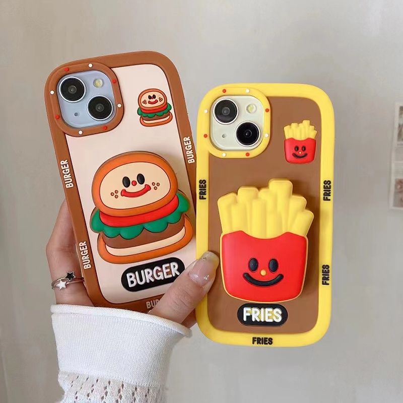 Zabaven 3D silikonski nosilec za krompirček in burger za par telefonov za iPhone 15 Pro Max 14 13 11 12 z držalom in stojalom_voghion.com