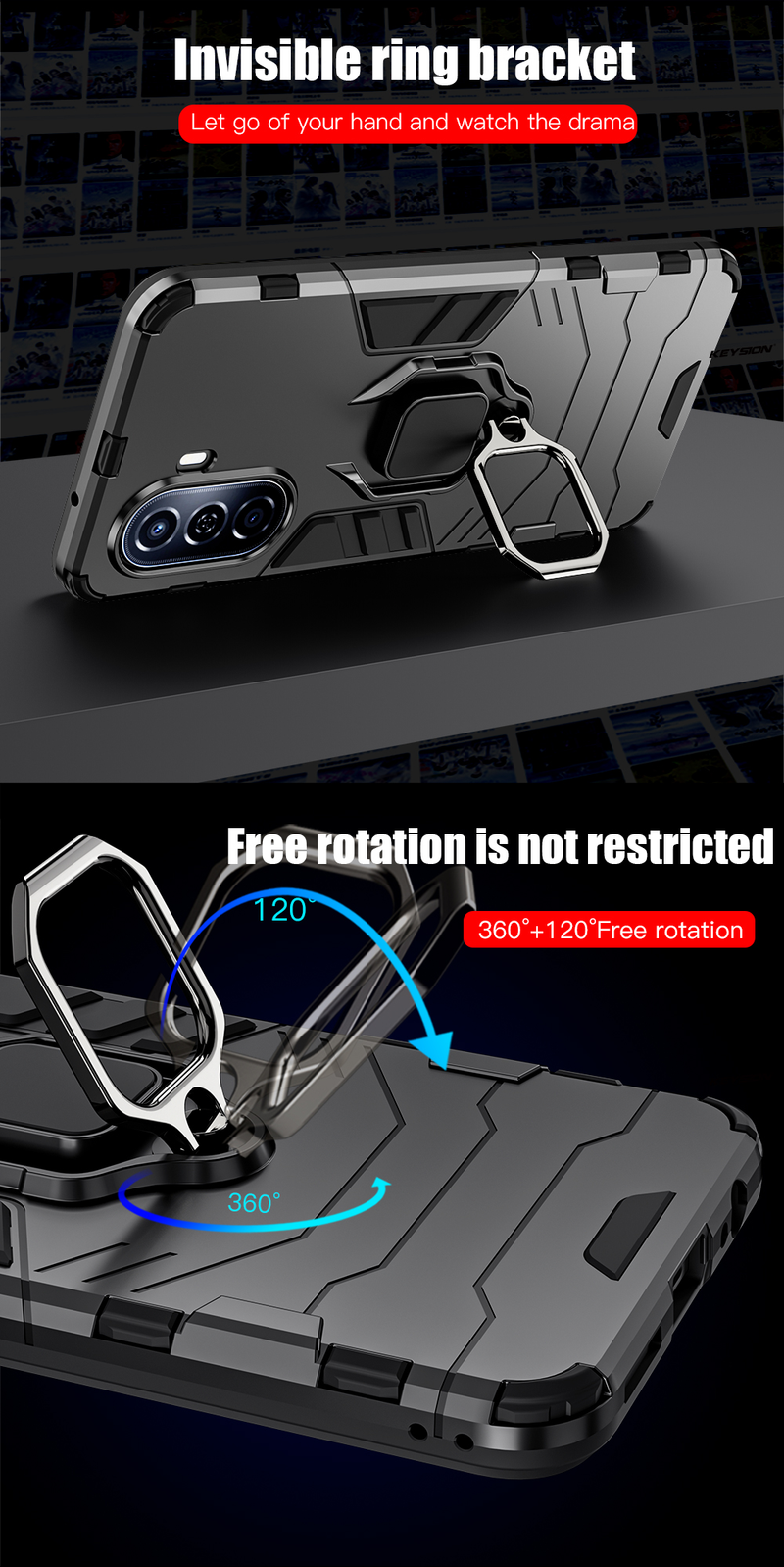 Custodia antiurto KEYSION per Huawei Nova Y70 Plus Custodia posteriore in silicone + PC con supporto ad anello in metallo per Huawei Nova Y70_voghion.com