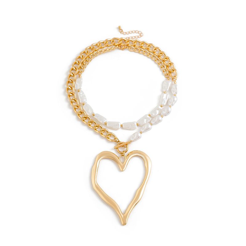 Elegante collana a doppio strato con cuore di lava esagerato in perle artificiali barocche_voghion.com