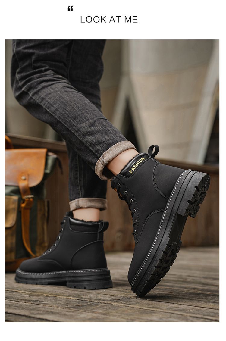Men's Classic British Style Fleece-Lined Martin Boots - Comfortable Round Toe Casual Shoes For Winter (Khaki, Black, Gray, Green)_voghion.com