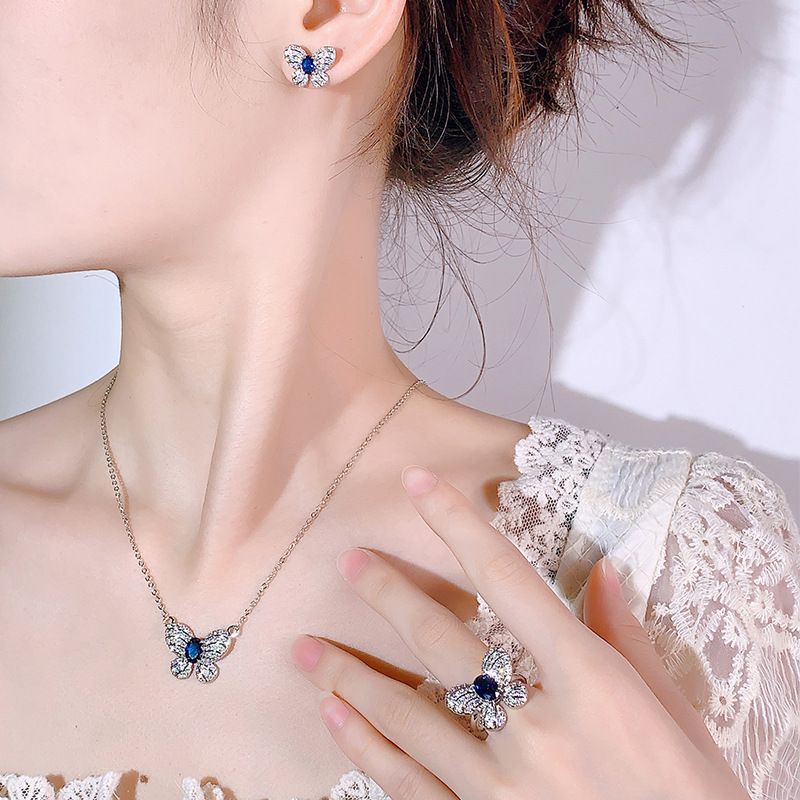 Accessori Set di gioielli Moda Farfalla Orecchini a bottone Collana Anello Zaffiro Naturale Donna Fresco_voghion.com