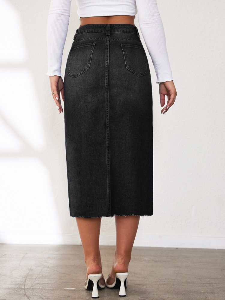 Gonna in denim retrò non elasticizzata a mezza lunghezza da donna Gonna a mezza lunghezza con spacco da donna_voghion.com