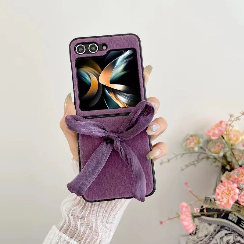 For Samsung Galaxy Z Flip 3 4 5 Luxury Soft Fur Hair Cute Bow Knot Strap Chain Wrist Phone Case Cover_voghion.com