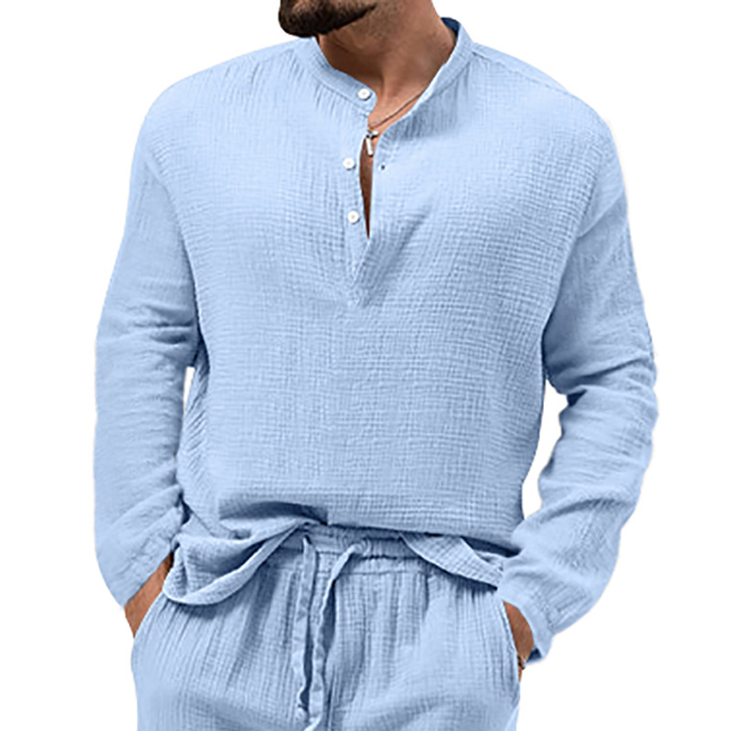 Camicia casual da uomo in tessuto a bolle, a maniche lunghe, tinta unita, con bottoni, tendenza 2023_voghion.com