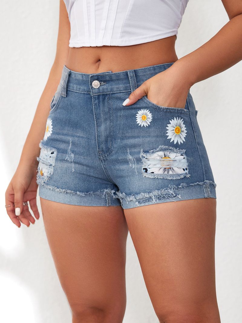 Vêtements pour femmes, imprimé à pompons déchirés, short en jean pour femmes, coupe slim, bords bruts, short en coton_voghion.com